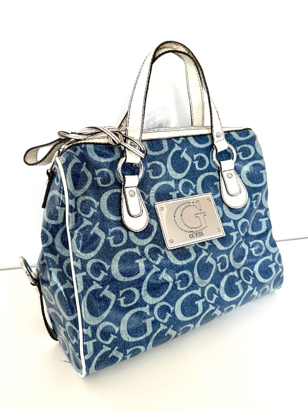 NWT GUESS VINTAGE Y2K LARGE SATCHEL denim BAG WITHE Blue LEATHER